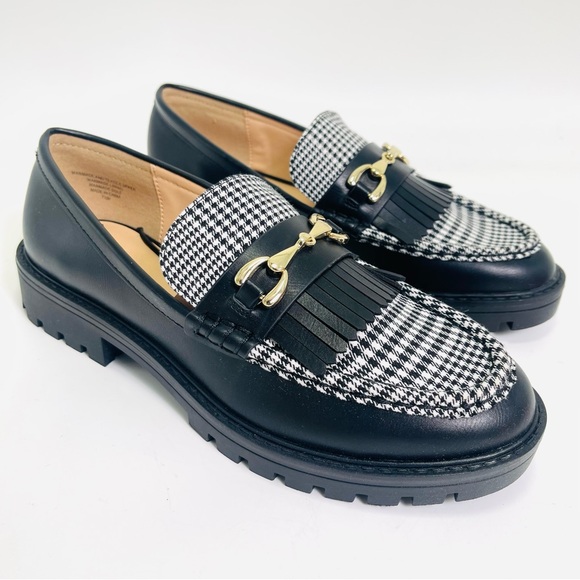LOFT Women’s Houndstooth Lug Loafers Shoes Size 7.5 Black White Slip-On - Picture 1 of 11